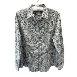 CHICO’S | Gray Leopard Print Button Down Shirt Long Sleeve Top | Size 1 Medium